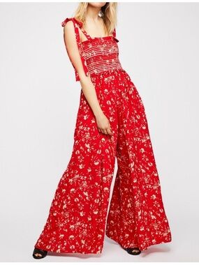 Free People Red Floral Wide Leg Jumpsuit XS Boho Tie Strap Smocked